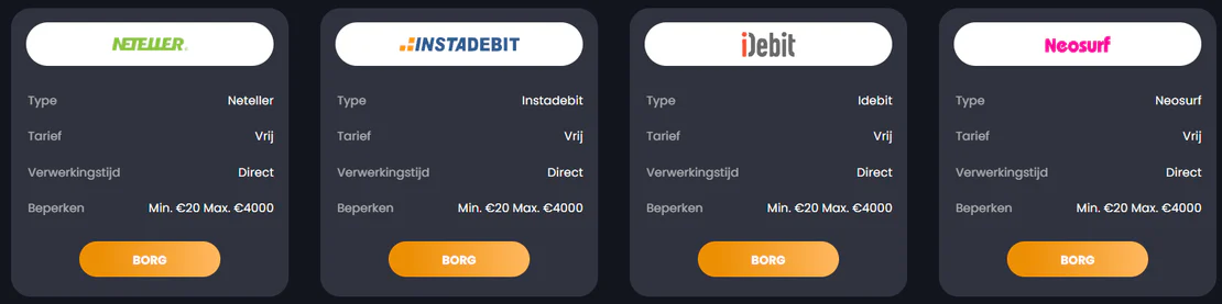 Bitkingz Casino betaalmethoden Neteller, Instadebit, iDebit en Neosurf met directe verwerking, geen kosten en stortingslimieten van €20 tot €4000