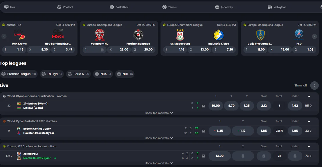 Bitkingz Casino sportweddenschappen op handbal, voetbal, basketbal, tennis en ijshockey met livewedstrijden, topcompetities en actuele quoteringen