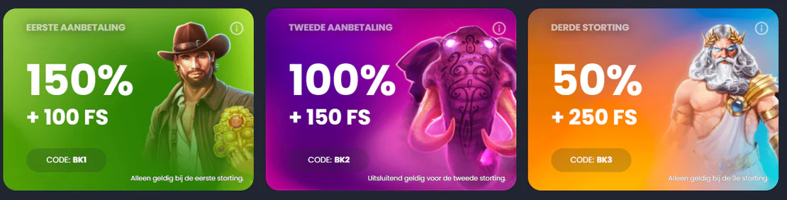 Bitkingz Casino welkomstbonussen van 150% + 100 gratis spins, 100% + 150 gratis spins en 50% + 250 gratis spins voor de eerste drie stortingen